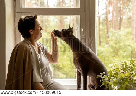 Middle Age Beautiful Woman Sitting On Windowsill With Her Dog. 50-year-old Woman Spending Time With 