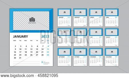 Calendar 2023 Template Set On Blue Background, Desk Calendar 2023 Design, Planner Design, Wall Calen