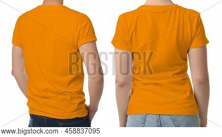 Man And Woman Wearing Orange T-shits On White Background, Back View. Mockup For Design