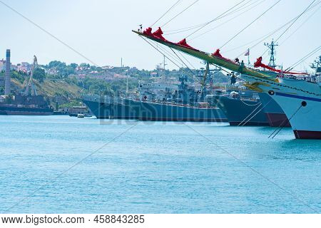 Russia, Crimea - Jul 08, 2022: Sevastopol Hersones Aerial Panorama Evening View Bay Port Sea Water C