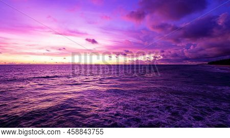 Cyberpunk Color Trend Popular Background. Nature Beautiful Light Sunset Or Sunrise Over Sea Colorful