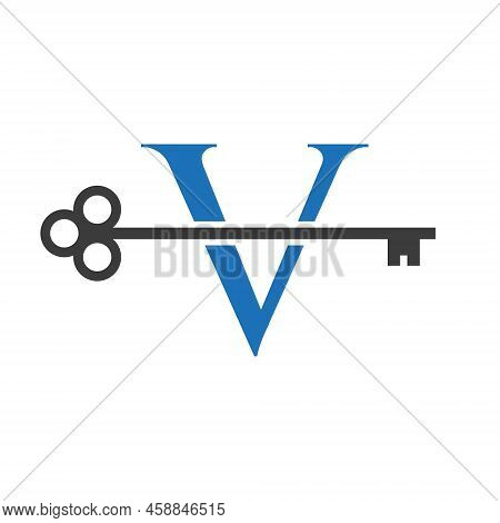 Letter V Real Estate Logo Concept With Home Lock Key Vector Template. Luxury Home Logo Key Sign