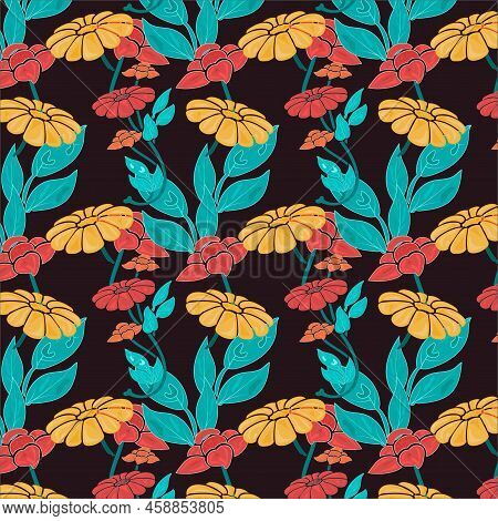 Seamless Floral Pattern Of English Vermillion, Maximum Yellow Red, Mandarin Color Daisy And Daffodil