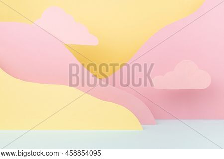 Abstract Colorful Empty Stage Mockup - Paper Landscape With Mountains Yellow, Mint Color With Pink C