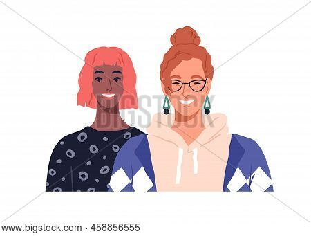Young Biracial Women, Love Couple Face Portrait. Happy Smiling Girlfriends Of Different Race. Modern