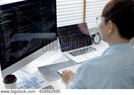 Professional development programmers are sit on a desk with work equipment such as: computer-laptop-