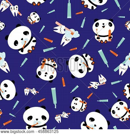Kawaii Panda Kids Dental Health Care Vector Educational Seamless Pattern Background. Cute Cartoon Be