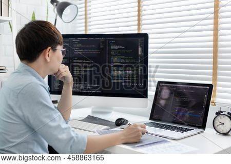 Professional development programmers are laying out a structure or draft on paper in preparation for