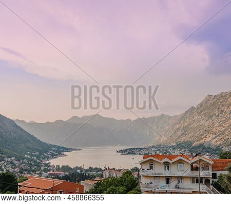 Sunset At Kotor Bay Montenegro. Sunset Beautiful Landscape. Travel Concept. Montenegro, Kotor Bay. V