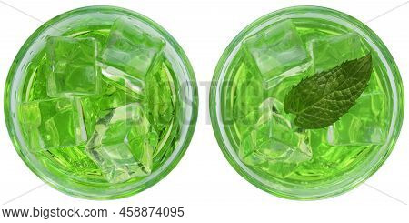 Green Dragon Or St. Patrick Cocktail, Green Alcoholic Cocktail With Vodka, Gin, Liquor, Ice And Mint