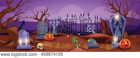 Halloween Graveyard Background, Spooky Holiday Cemetery Landscape, Stone Cross Ancient Graves. Scary
