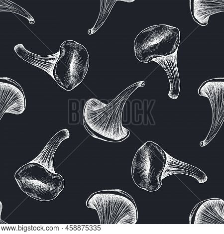 Seamless Pattern With Hand Drawn Chalk Oyster Mushroom Stock Illustration