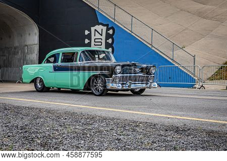 Lebanon, Tn - May 14, 2022: Wide Angle Front Corner View Of A 1956 Chevrolet 210 Delray Coupe At A L