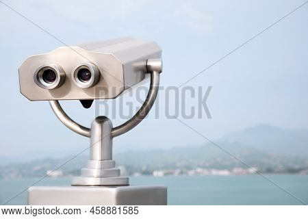 Metal Tower Viewer Installed Near Sea, Space For Text. Mounted Binoculars