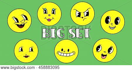 Emoji Retro 70s Collection Set. Abstract Patches Collection. Cool Trendy Smile Happy Stickers Vector