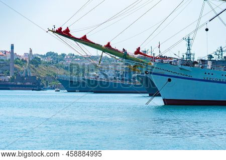 Russia, Crimea - Jul 08, 2022: Sevastopol Bay View Aerial Hersones Evening Port Sea Coast Black, For
