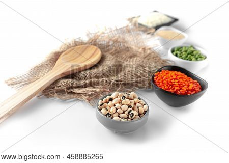 Gluten Free Cereals. Rice, Buckwheat, Corn Groats, Quinoa And Millet In Wooden Bowls. Top View Flat 