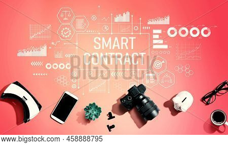 Smart Contract Theme With Electronic Gadgets And Office Supplies - Flat Lay