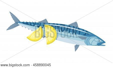Sea Fish Mackerel With Lemon. Cooking Delicious Food. Natural Product. Useful And Healthy Food. Flat