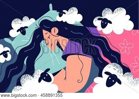 Woman Lying In Bed Suffering From Sleeping Problem. Tired Girl Struggle With Insomnia Counting Sheep