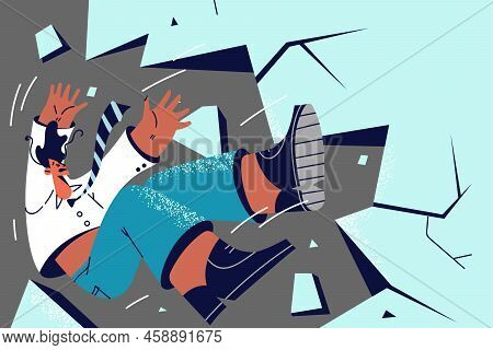 Businessman Falling From Cliff Experience Business Failure Or Loss. Unhappy Unsuccessful Male Employ