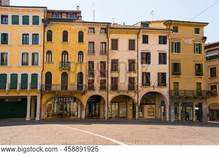 Treviso, Italy - 23rd July 2022. Medieval Buildings In Piazza Dei Signori Square In The Historic Cen