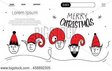 Merry Christmas Web Landing Page With Set Of Avatars Head Elf And Lettering Merry Christmas. The Xma