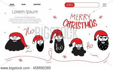 Merry Christmas Web Landing Page With Set Of Avatars Head Santa Claus And Lettering Merry Christmas.
