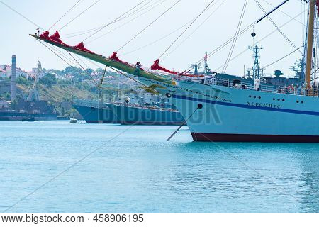 Russia, Crimea - Jul 08, 2022: Sevastopol Hersones Evening Bay View Aerial Port Sea Boat Harbor, Fro