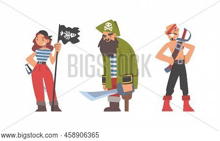 Brutal Man And Woman Pirate Or Buccaneer Character With Saber And In Striped Vest As Marine Robber V
