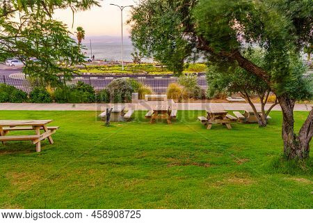 View Of A Picnic Area, And The Sea Of Galilee, In Hamat Tiberias National Park, Northern Israel