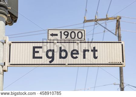 San Francisco, Usa - June 7, 2022:  Street Name Egbert In San Francisco In Typical White Signage Wit
