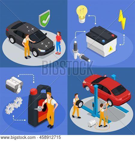 Car Service 2x2 Isometric Design Concept Set Of Four Square Compositions Illustrated Inspection Main