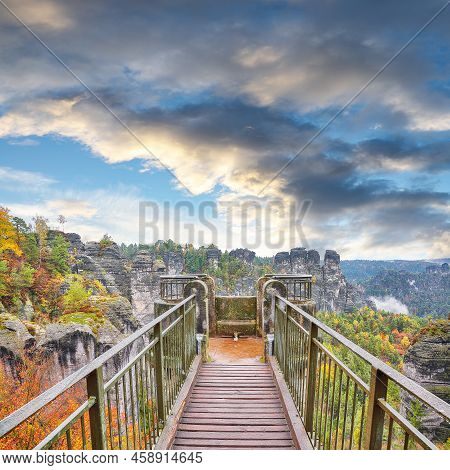 Gorgeous Autumn Landscape In Saxon Switzerland National Park And  Bastei Bridge.   Location: Lohmen,