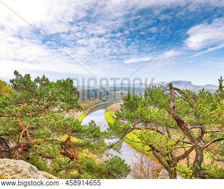 Picturesque Autumn Landscape In Saxon Switzerland National Park. View Of Elbe River From Bastei View