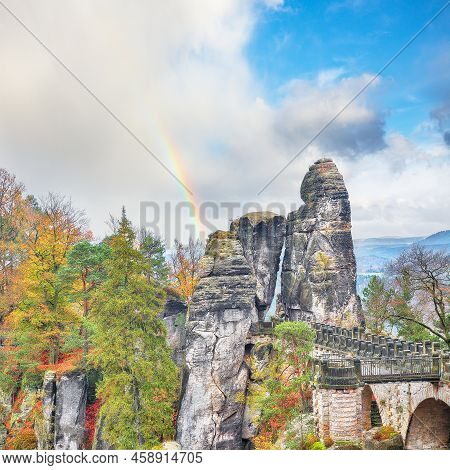 Fabulous Autumn Landscape In Saxon Switzerland National Park And  Bastei Bridge.   Location: Lohmen,