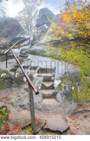 Forest And Ancient Rocks Of Dovbush In Bubnishche In The Carpathian Mountains. Foggy Wheather.  Loca