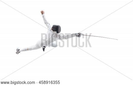 Aerial View Of Male Fencer In Fencing Costume And Mask Holding Smallsword And Training Isolated On W