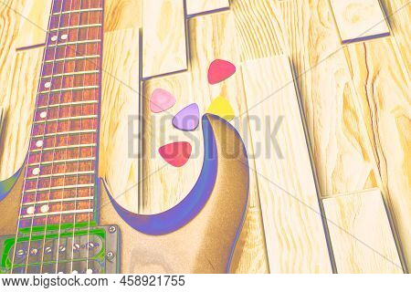 Rock Funky Electric Guitar In Neon Yellow Light On A Wooden Surface