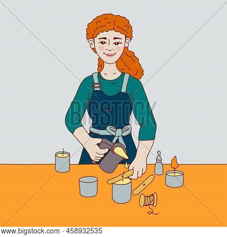 Illustration On The Topic Of Making Candles. A Woman Pours Melted Wax Into A Container For Candles. 