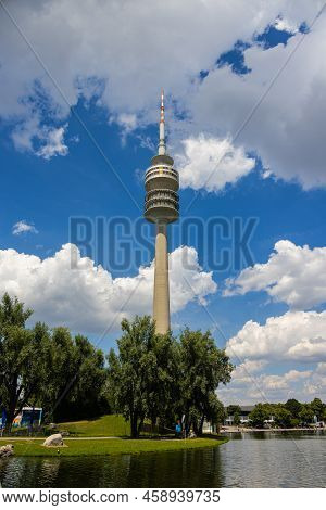 Munich, Germany - July 6, 2022: The Olympiaturm (olympia Tower) At Olympia Park. Looking Up Through 