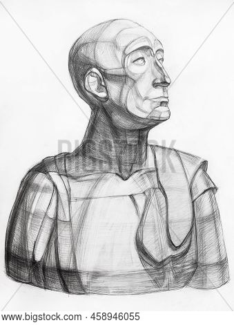 Academic Drawing Of Bust Of Niccolo Da Uzzano Hand-drawn By Black Pencil On White Paper