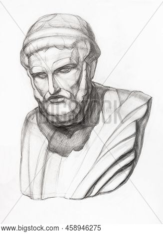 Academic Drawing Of Plaster Bust Of Sophocles Hand-drawn By Graphite Pencil On White Paper