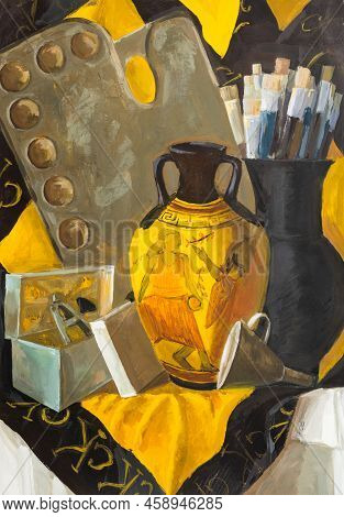 Still Life With Ancient Greek Vase, Art Palette And Paintbrushes Hand-painted By Tempera Paints On W
