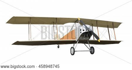 Old Vintage Retro Airplane Biplane With Piston Engine, Two-blade Propeller And Open Cockpit. Reconna
