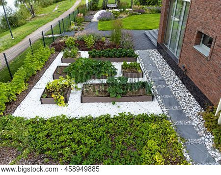 Droneshot Of A Garden In A Country House
