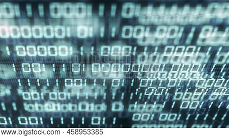 Digital Binary Code Number On Computer Screen Background. Blue Green Digital Numeral Software Global