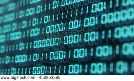 Digital Binary Code Number On Computer Screen Background. Blue Green Digital Numeral Software Global