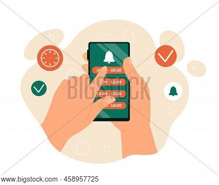 Person Make Appointment. Character On Smartphone Puts Mark On Certain Date And Time. Mobile Applicat