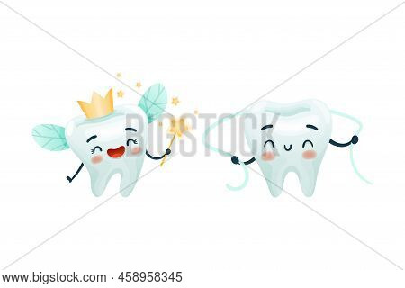 Dental Care With Cute Funny Tooth Character With Floss And Magic Wand Vector Set